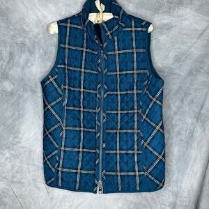 Chico's Women Reversable SZ 1 Vest Tartan Plaid Quilted Pockets Full Zip Teal